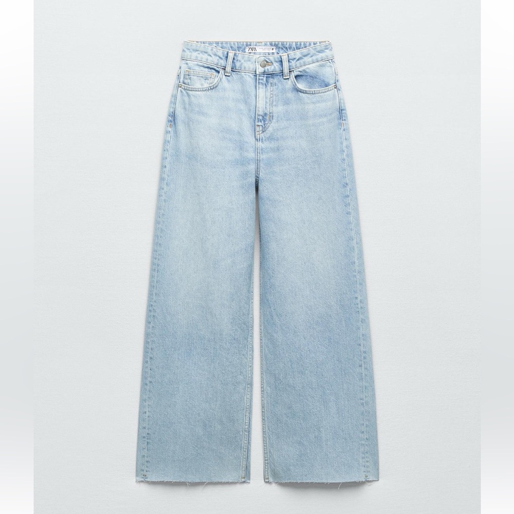 ZARA Light Blue Mid-Rise Wide-leg Culotte Jeans US 6 Womens Cropped Zipper Fly